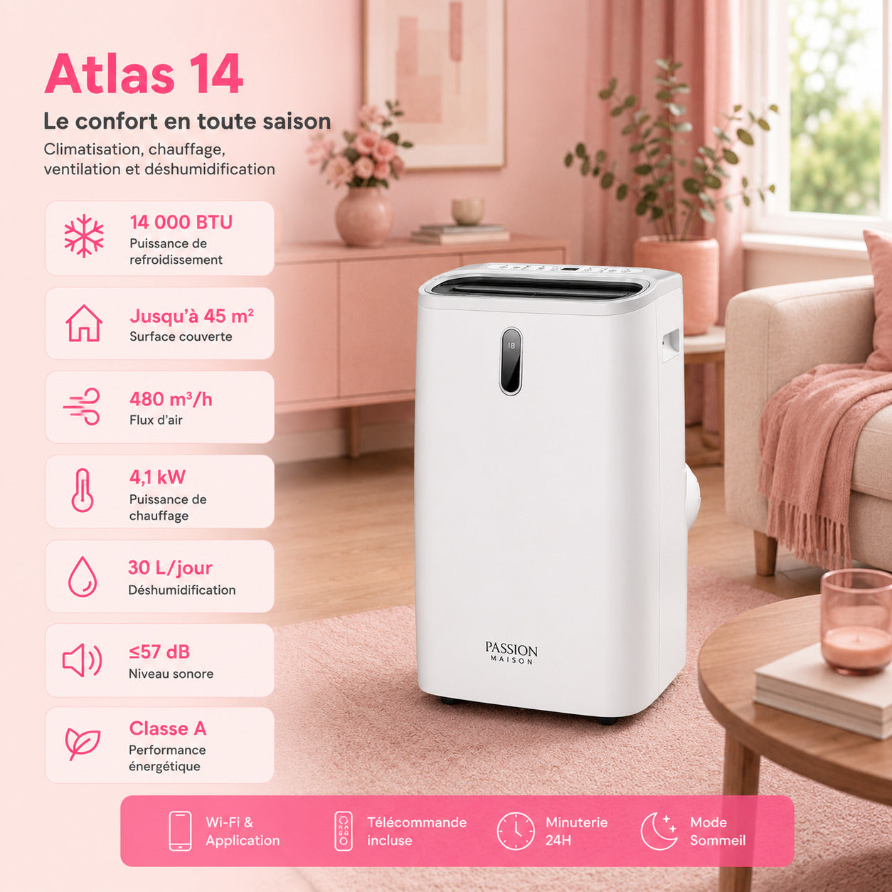 Climatiseur Mobile Réversible 14000 BTU Passion Maison Atlas 14 – Wi-Fi, 4-en-1, Chauffage, Climatisation & Déshumidificateur