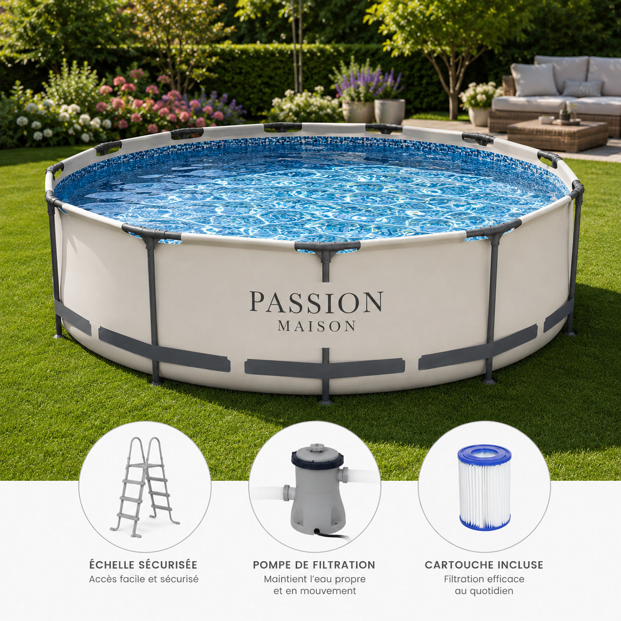 Piscine Tubulaire Ronde Passion Maison Riviera 3,66m x 1,00m – Échelle, Pompe & Cartouche Incluses