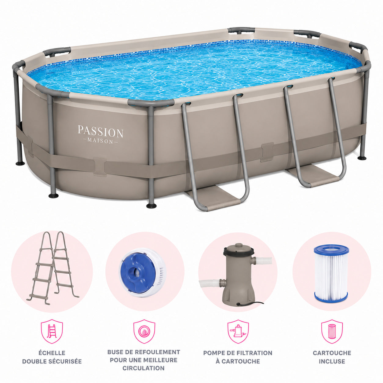 Piscine Tubulaire Ovale Passion Maison Cala 4,88m x 3,05m x 1,07m – Filtre à Cartouche, Échelle Incluse