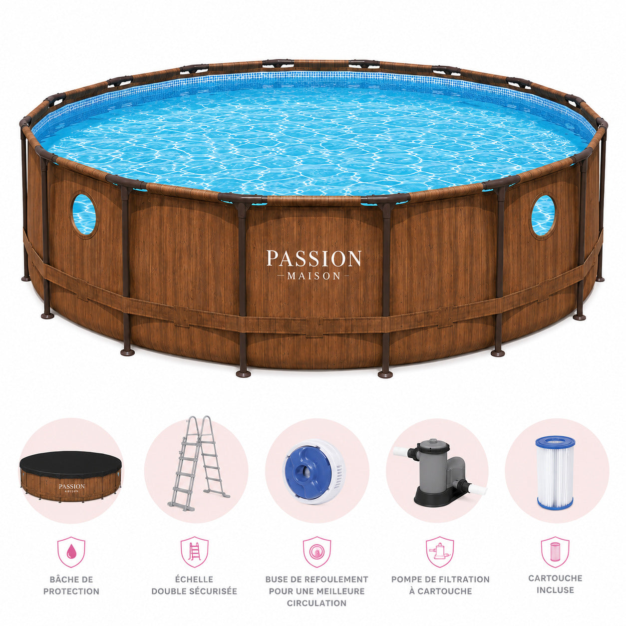 Piscine Tubulaire Ronde Passion Maison Palmera 5,49m x 1,22m – Hublot, Échelle, Bâche & Pompe Inclus