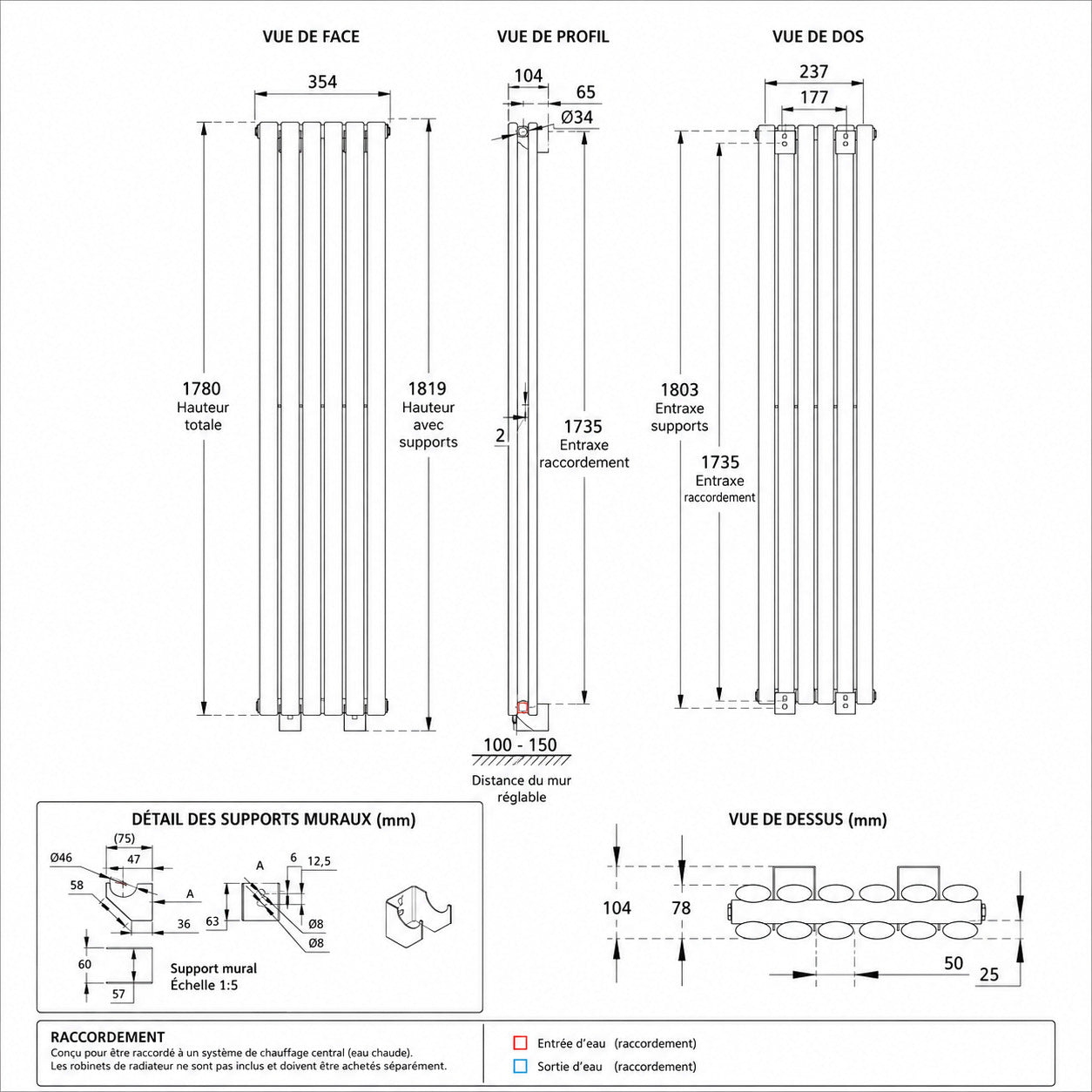 Radiateur à Eau Chaude Passion Maison Vertex – Design Vertical Blanc 178 × 35,4 cm – 1099 W